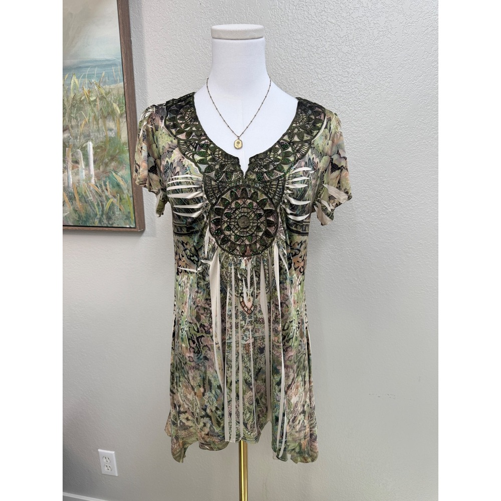 Y2K Boho Fairy Top Beaded‎ Medallion Tunic Earthy Festival Top Size S